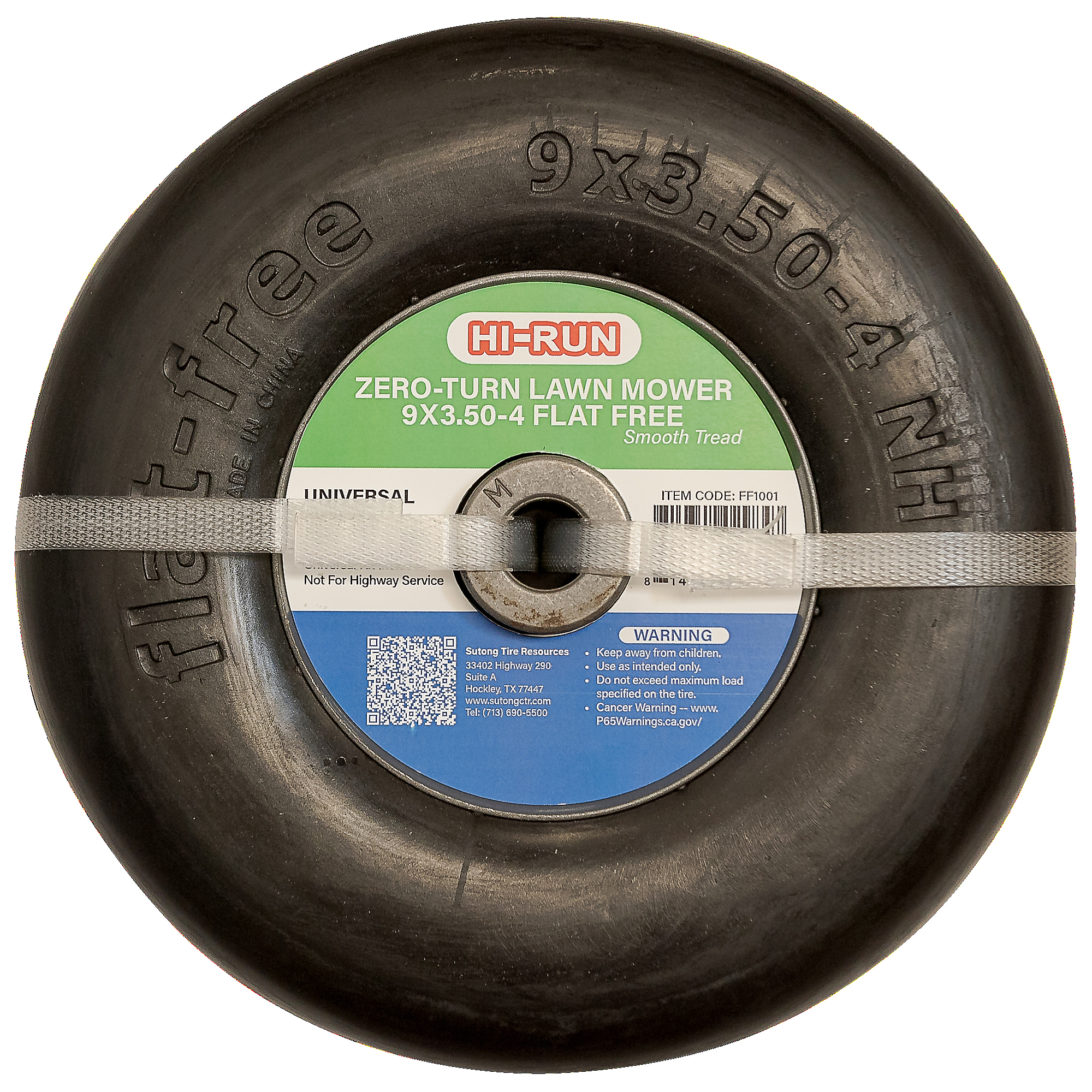 HI-RUN, Universal Flat Free Tire/Wheel with Kits, 3/4in. or 5/8in. ID, Tire Size 9X3.50-4 Model# FF1001